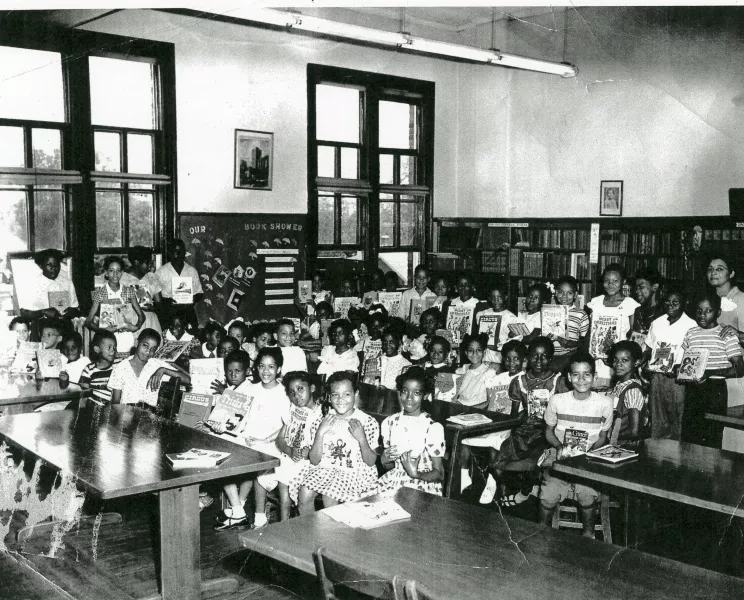 Students pose in the Waverly School's library, 1951