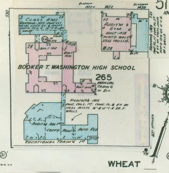 Booker T. Washington High School, 1956. Image courtesy Sanborn Fire Insurance Map Collection, South Caroliniana Library, University of South Carolina, Columbia  