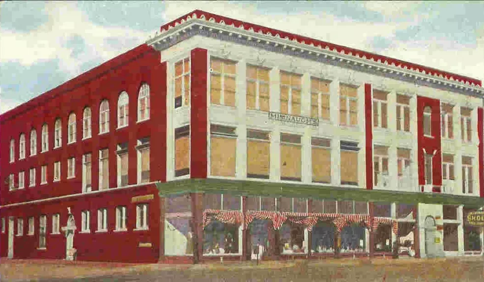 Circa-1925 colorized postcard of Mimnaugh's department store, 