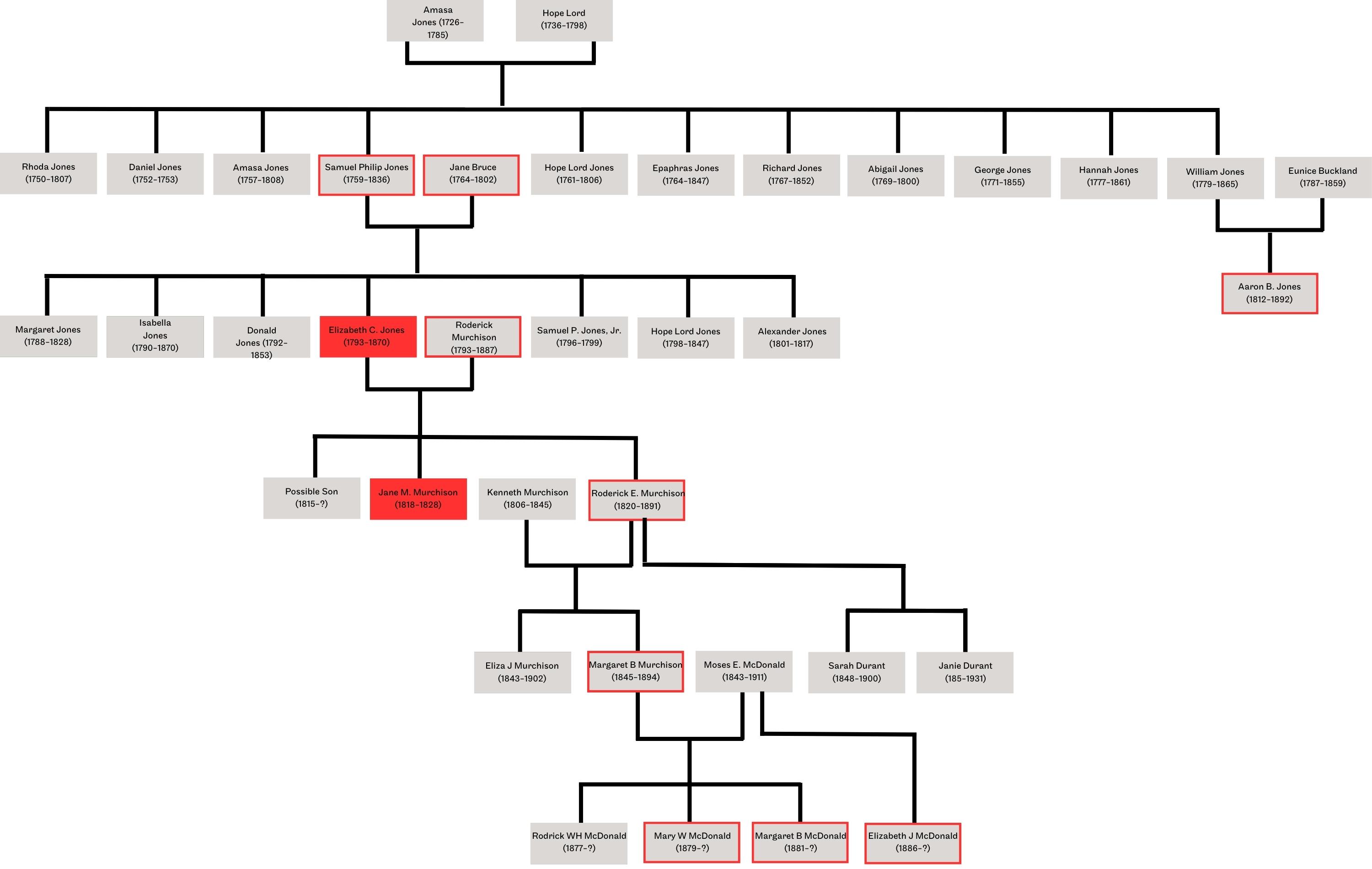 Murchison, Jones and McDonald family tree. Compiled by the author.
