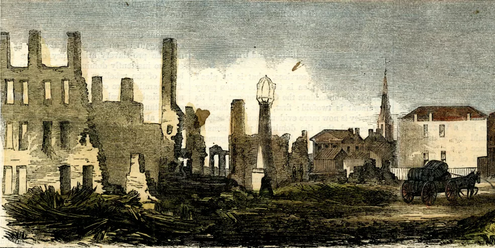 The ruins of the Ursuline convent (far left) on Richardson (Main) Street, sketched by Theodore R. Davis