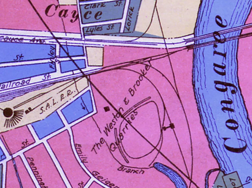Weston & Brooker Quarry was a large landmark featured in Tomlinson Engineering Company's Map of Columbia, SC and Vicinity, 1928