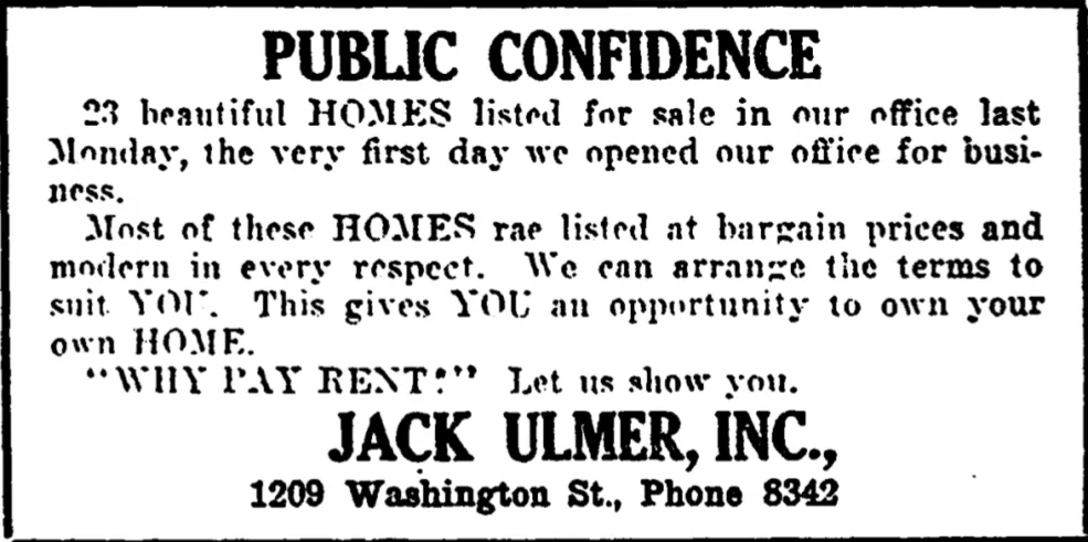 Advertisement for Jack Ulmer, Inc. Reprinted from The State, July 28, 1929