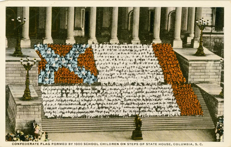 Postcard depicting 1,000 children forming the Confederate battle flag, 1938.