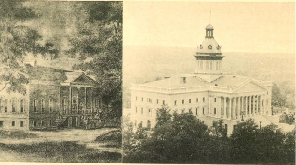 Postcard depicting the original State House (1794) and the current State House, seen here in 1936.
