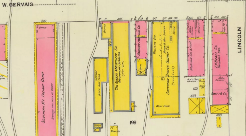 The 800 block of Gervais Street, 1910. Image courtesy Sanborn Fire Insurance Map Collection, South Caroliniana Library, University of South Carolina, Columbia