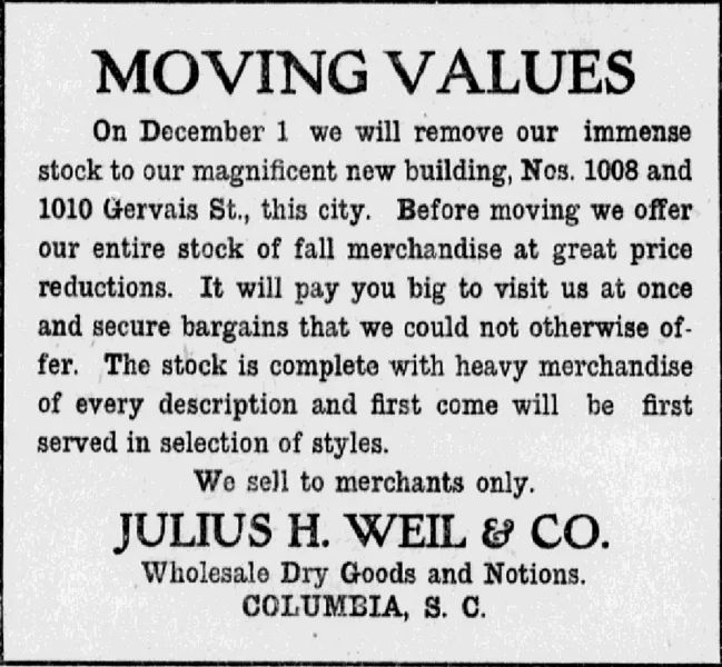 "Moving Values" announcement, The State, November 12, 1910.