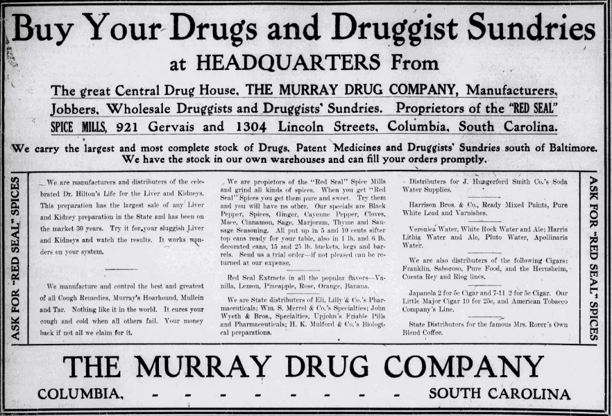 Advertisement for the Murray Drug Company, The State, September 2, 1911.