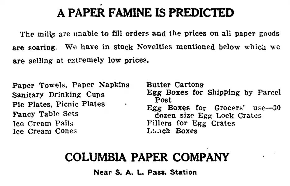 Advertisement for the Columbia Paper Company, The Columbia Record, April 11, 1916.