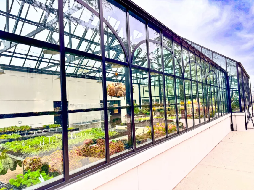 Exterior of BHC greenhouse with plants inside